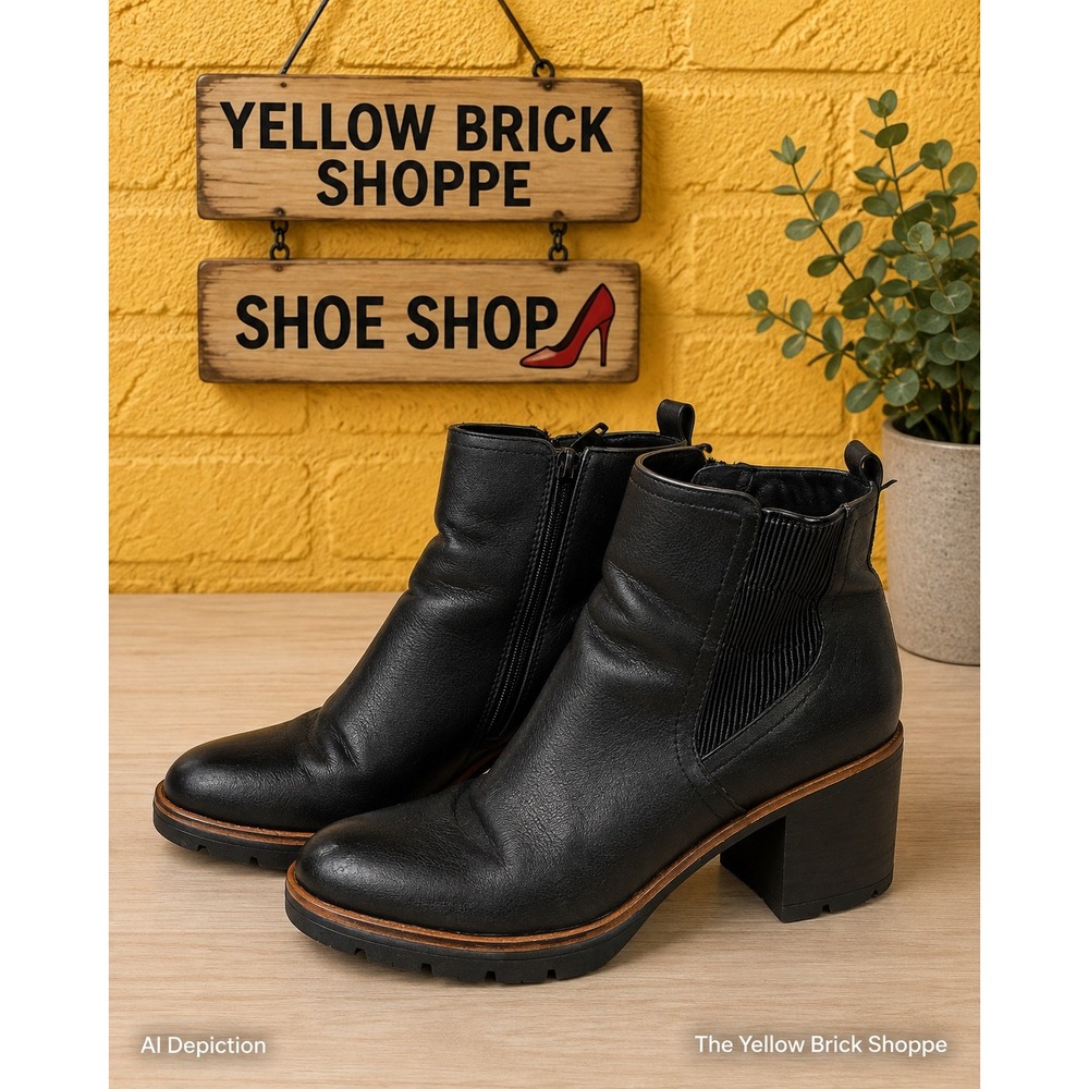 Naturalizer Madalynn Gore Black Ankle Boots Block Heel Lug Sole Womens 10M